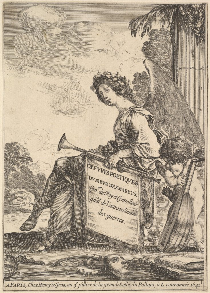 Detail of Frontispiece for 'Poems by Desmarets': a winged woman rep…, 1641 by Stefano della Bella