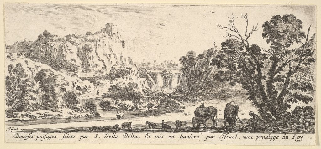 Detail of A waterfall descending from the mountains in the center background, various animals an…, ca. 1641 by Stefano della Bella