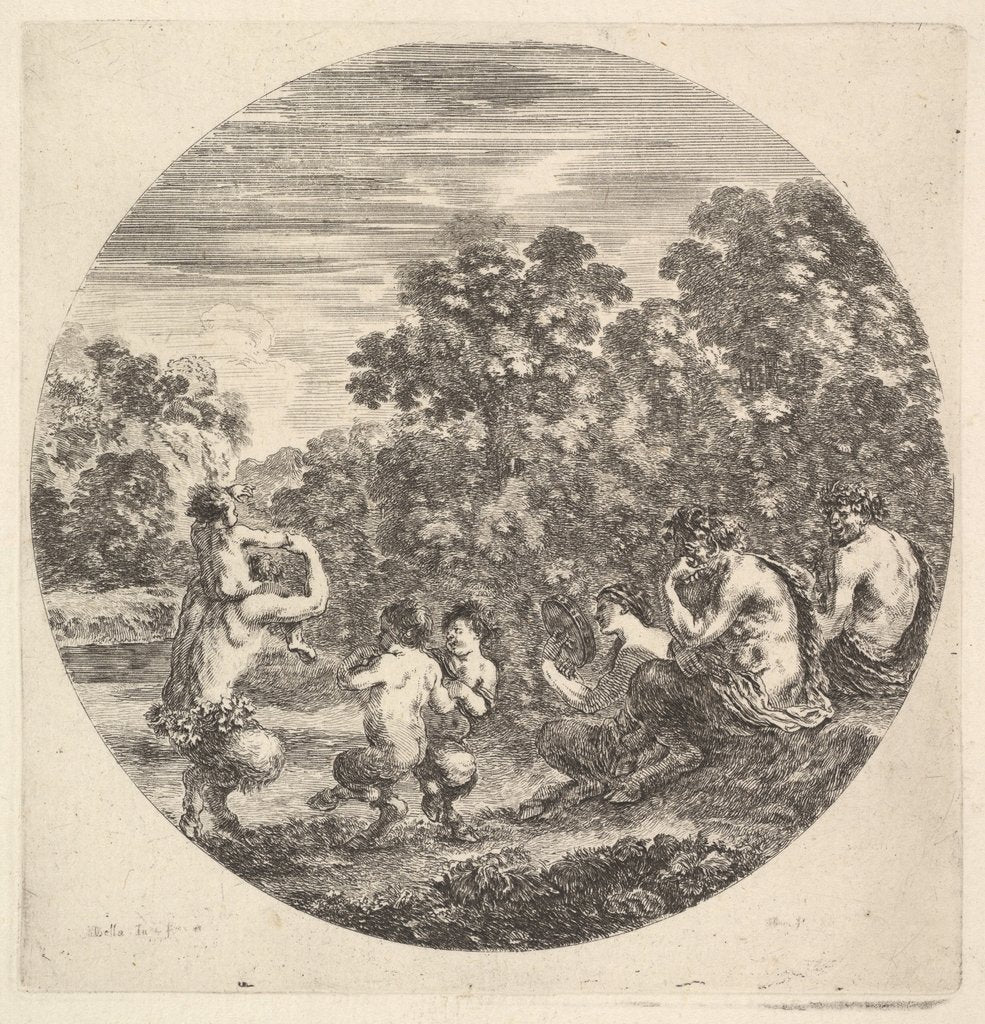 Detail of Two satyrs and a faun seated to right watching two child satyrs and another satyr w…, ca. 1643-48 by Stefano della Bella