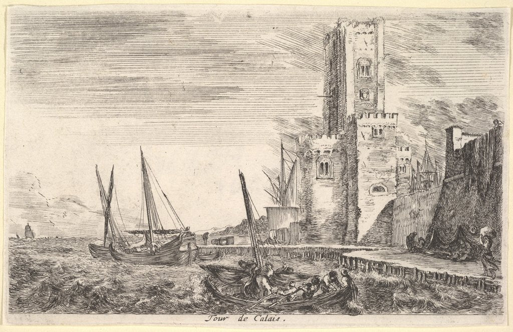 Detail of Tower of Calais, tower to right, two ships in the sea to left and in cent…, 1647 by Stefano della Bella