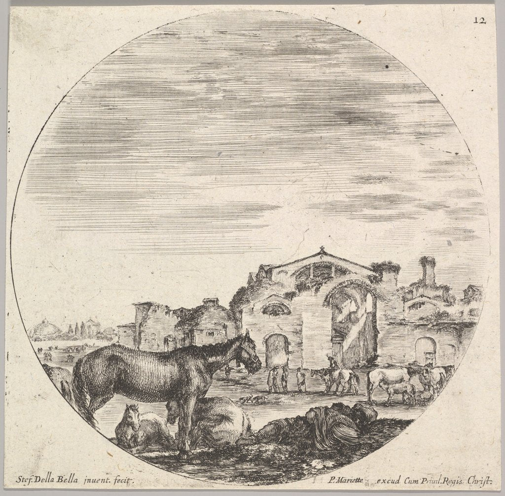 Detail of Plate 12: a shepherd sleeping on the ground to right, three horses to left, other h…, ca. 1643-48 by Stefano della Bella