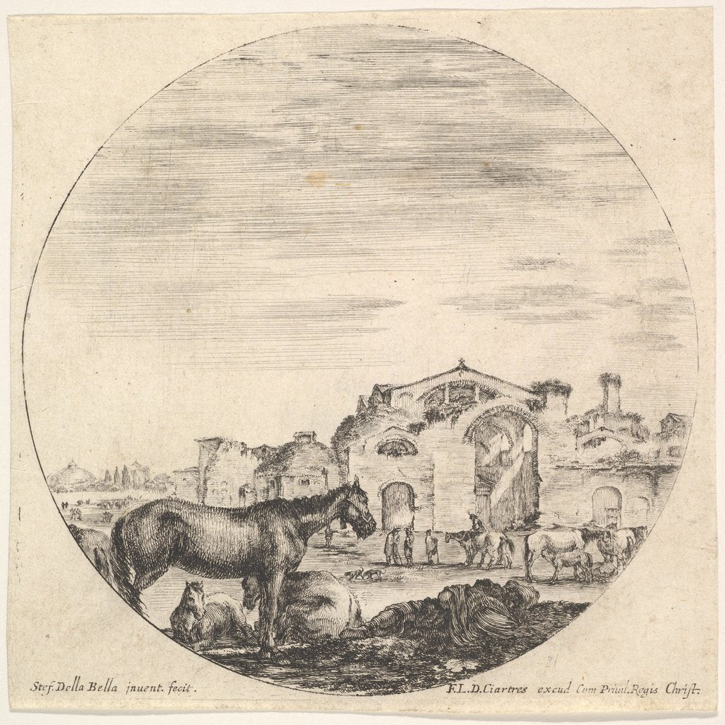 Detail of Plate 12: a shepherd sleeping on the ground to right, three horses to left, other h…, ca. 1643-48 by Stefano della Bella