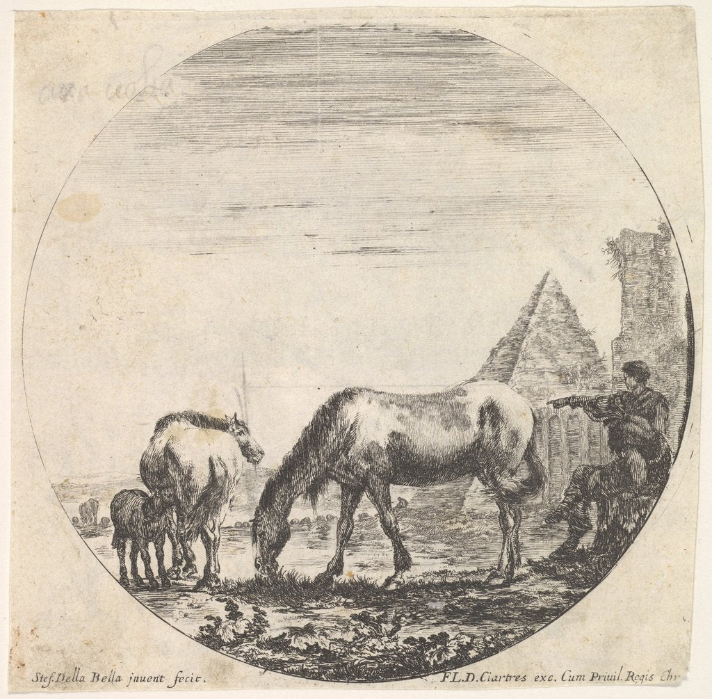 Detail of Plate 11: the pyramid of Caius Cestius to right in the background, a horse grazing …, ca. 1643-48 by Stefano della Bella