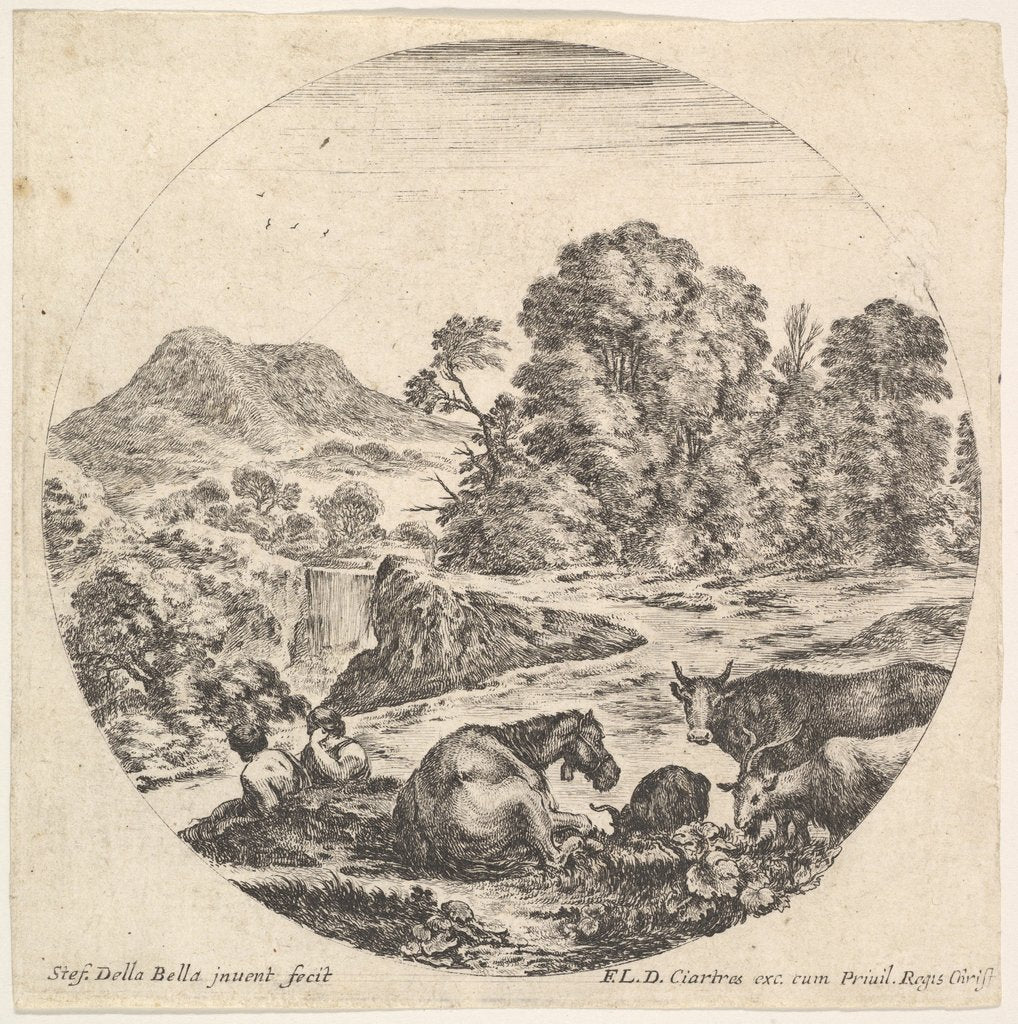 Detail of Plate 10: a horse lying down in center, a cow and two goats to right, two seated sh…, ca. 1643-48 by Stefano della Bella