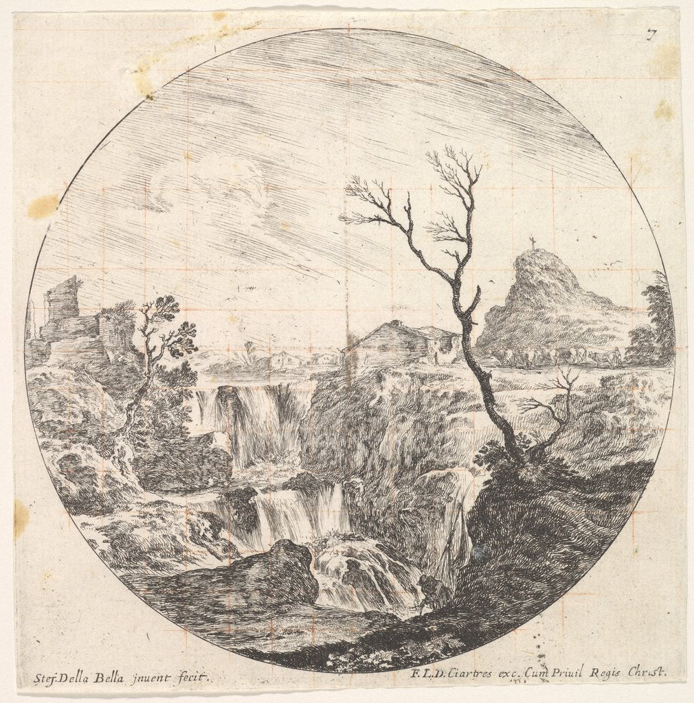 Detail of Plate 7: a triple waterfall, a dead tree to right, a mountain and a herd of cows to…, ca. 1643-48 by Stefano della Bella