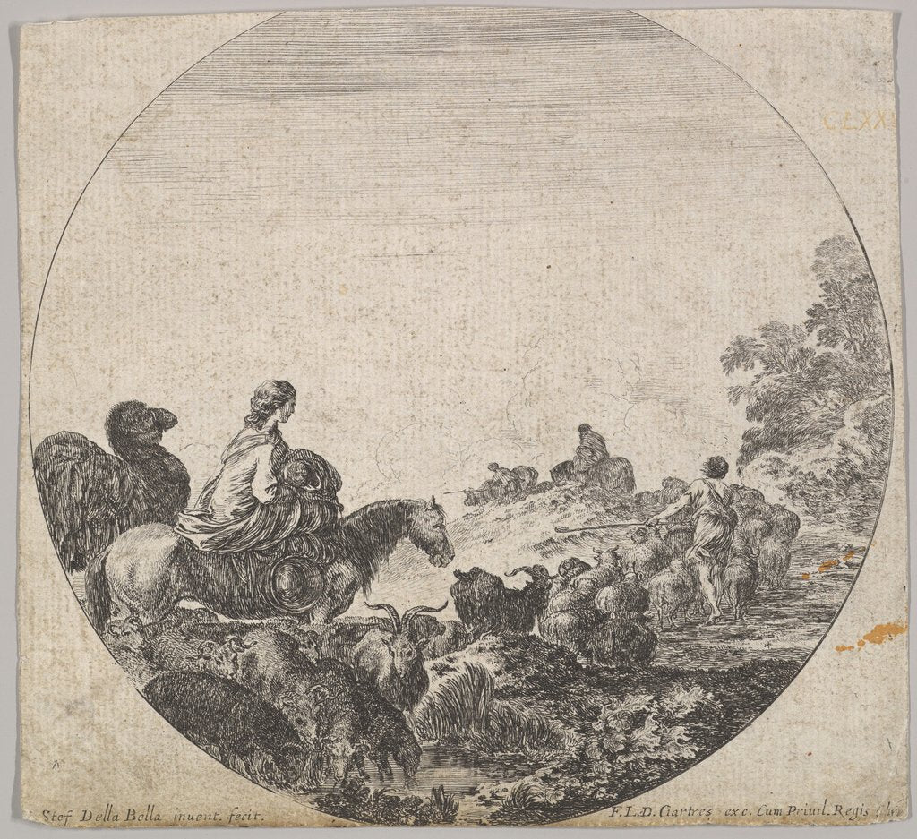 Detail of Plate 5: a woman carrying a child on a horse to left, a camel following her, a herd…, ca. 1643-48 by Stefano della Bella