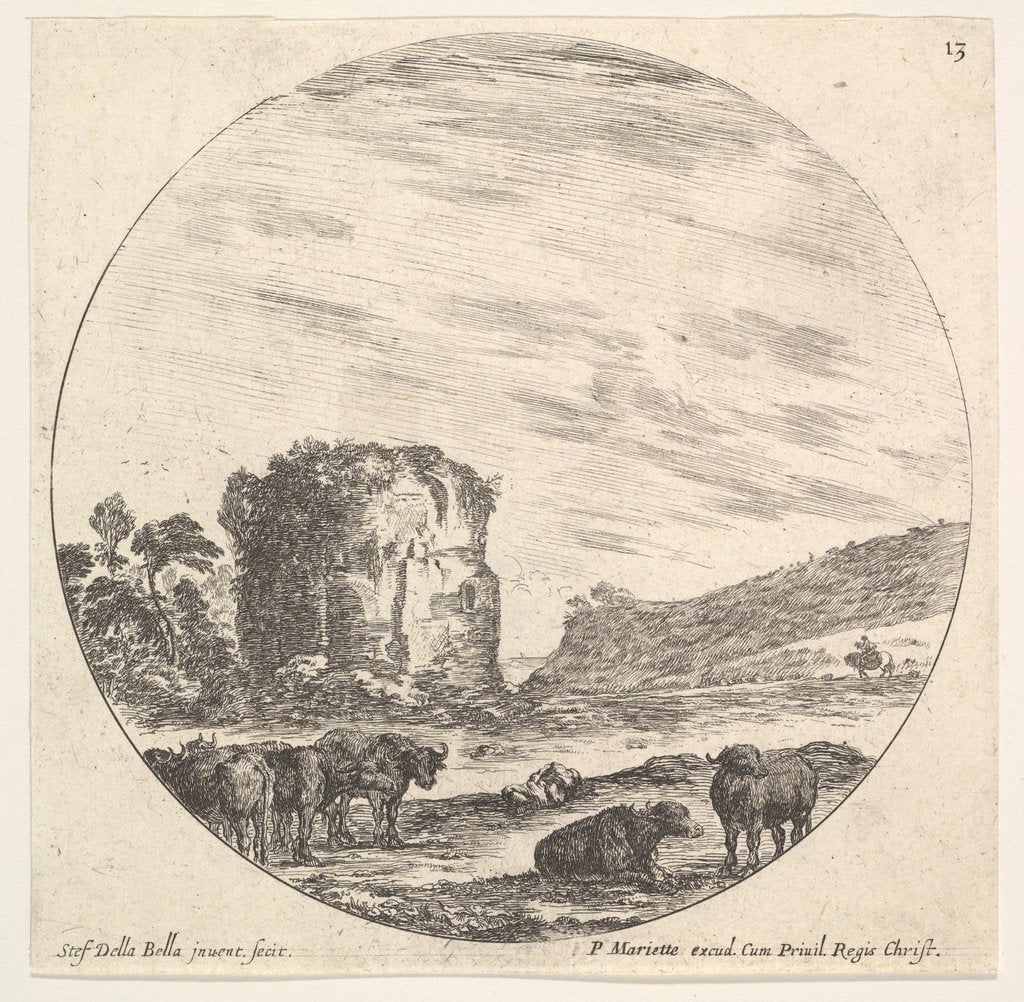 Detail of Plate 13: ruins of an ancient temple in the background, a herd of cows in the foreg…, ca. 1643-48 by Stefano della Bella