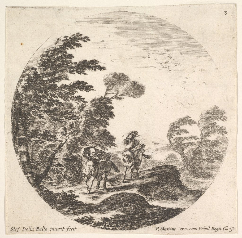 Detail of Plate 3: a gale in the forest, two horsemen wrapped in their cloaks, the wind is bl…, ca. 1643-48 by Stefano della Bella