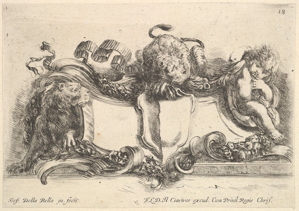 Detail of Plate 18: a cartouche containing an empty crest, two lionesses, one to left and one in cen…, 1646 by Stefano della Bella