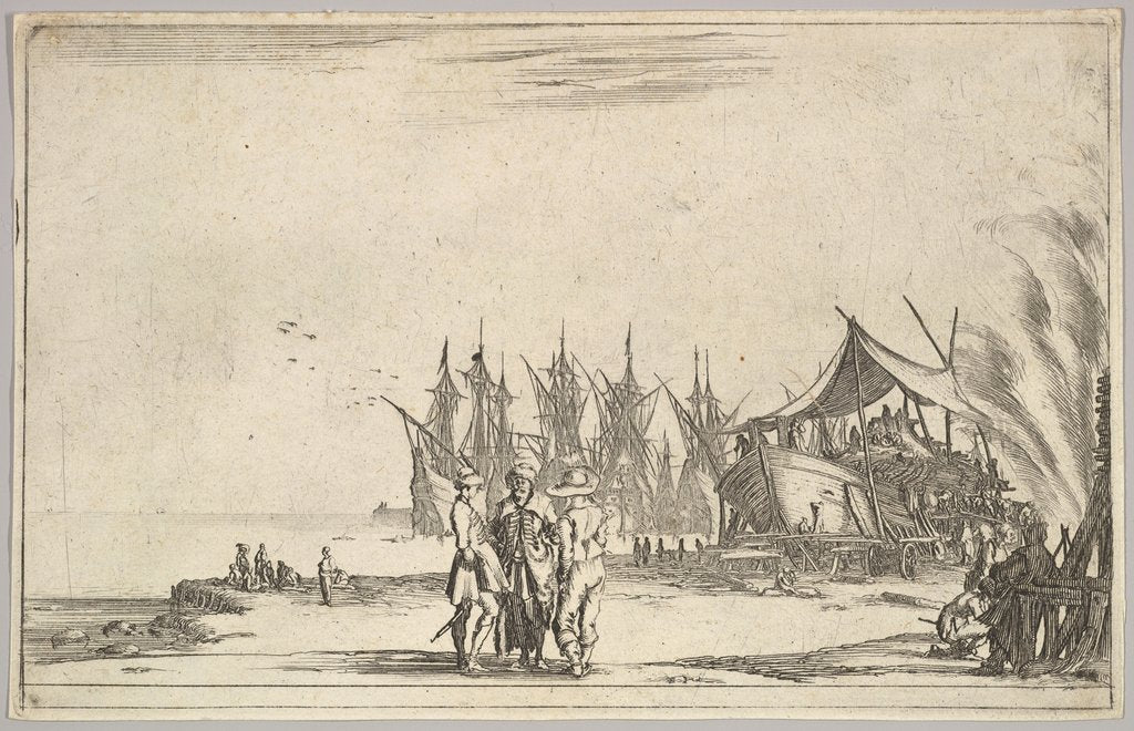 Detail of Three men wearing hats standing in center, men fixing a ship to right, five ships and vari…, 1639 by Stefano della Bella