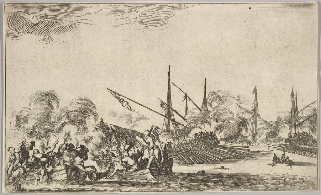 Detail of Combat between several rowboats and ships, two groups of men in rowboats fighting to left…, 1639 by Stefano della Bella