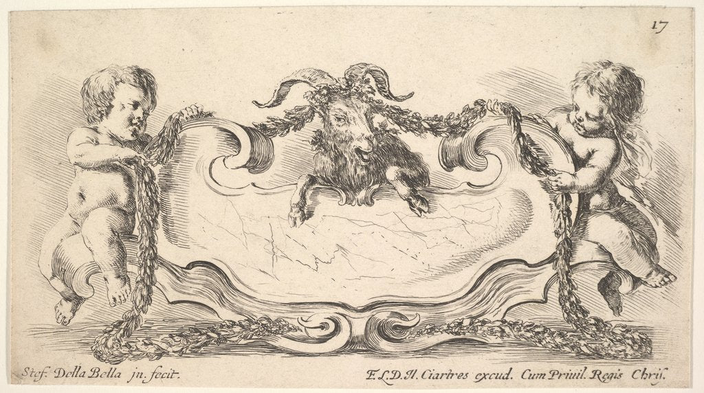 Detail of Plate 17: a cartouche with a marble center, an infant on either side holding a garland ove…, 1646 by Stefano della Bella