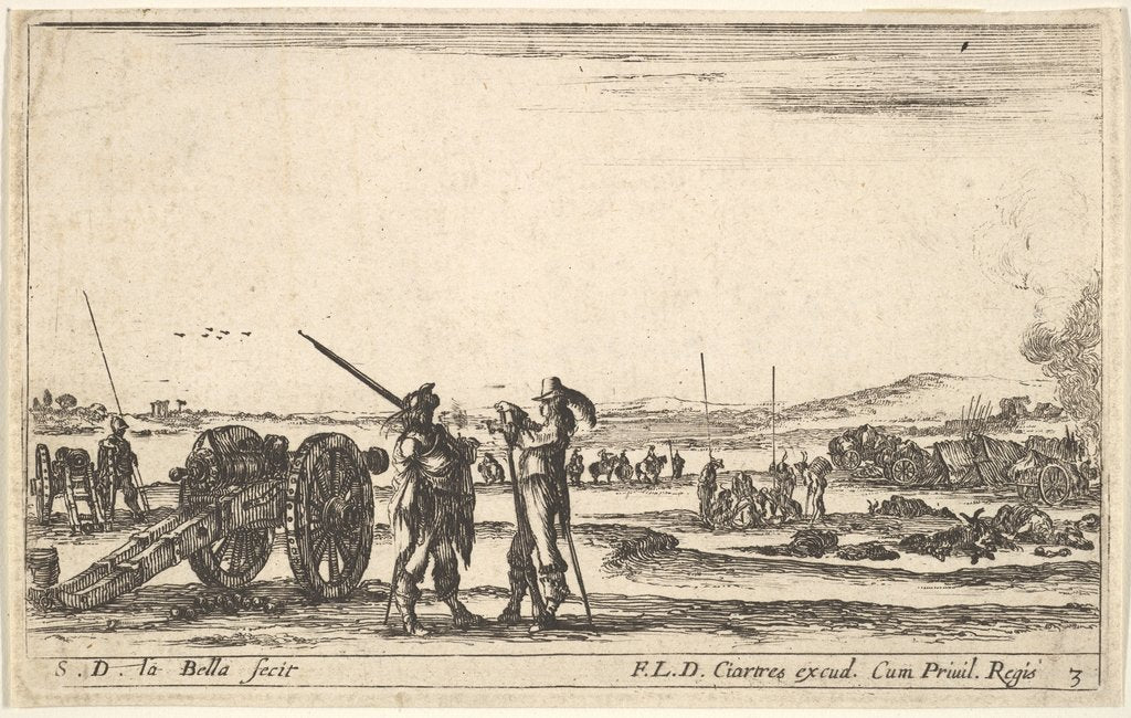 Detail of Plate 3: An officer giving orders to a solider in centre foreground, cannon at left, f…, ca. 1641 by Stefano della Bella