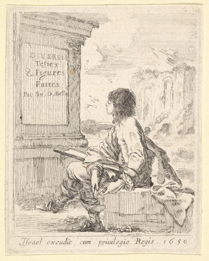 Detail of Plate 1: a young man sitting on a stone, facing left in profile, holding a drawing pad in …, 1650 by Stefano della Bella