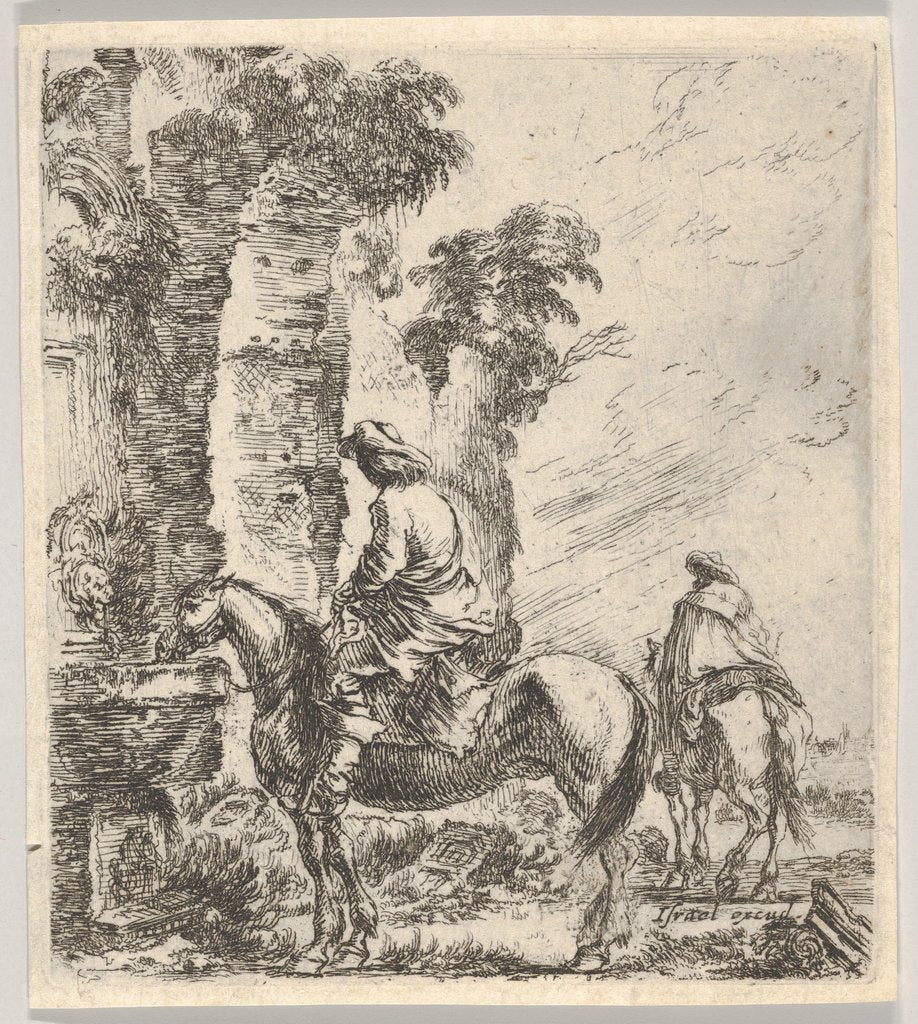 Detail of Plate 19: a rider making his horse drink from a basin of a fountain at left, another h…, ca. 1646 by Stefano della Bella