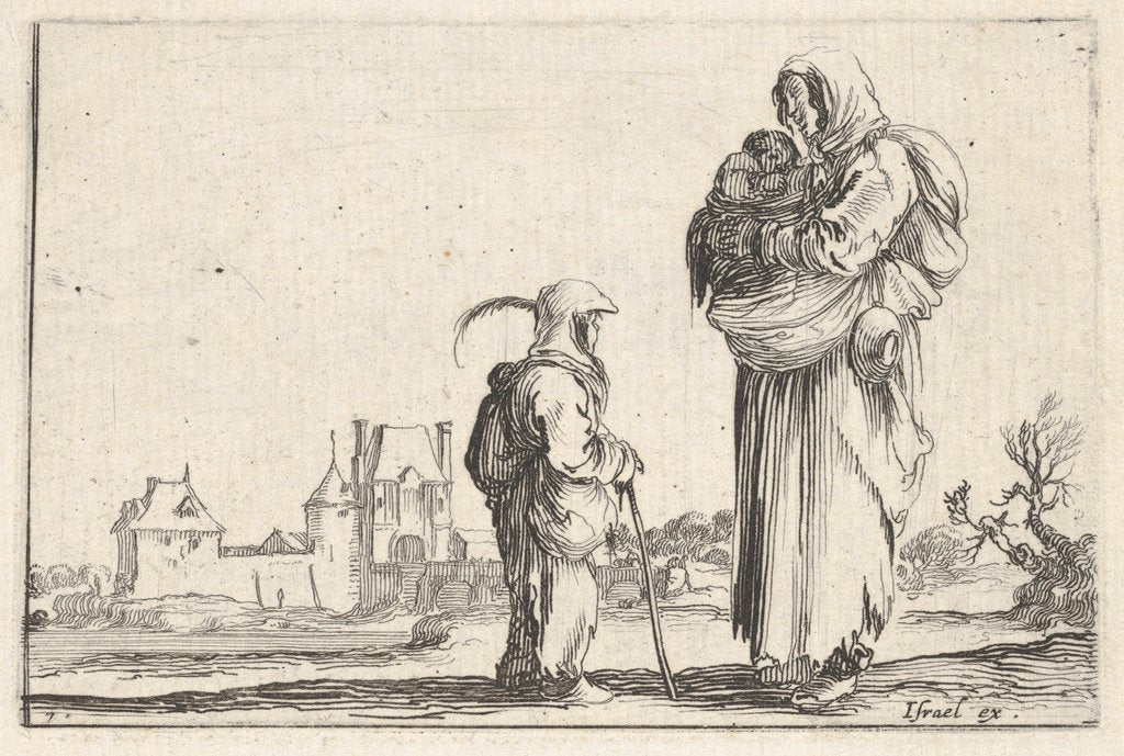 Detail of Plate 7: a peasant woman carrying a child to right, speaking to another child standing…, ca. 1642 by Stefano della Bella