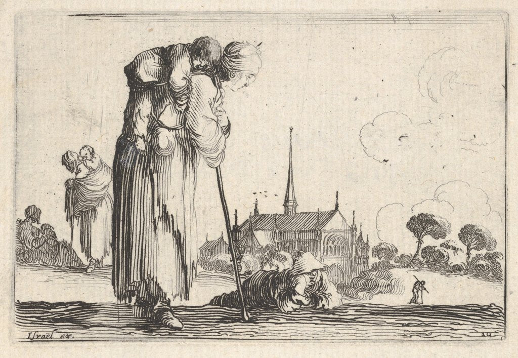 Detail of Plate 10: a peasant woman turned towards the right with a child on her back, a boy lyi…, ca. 1642 by Stefano della Bella
