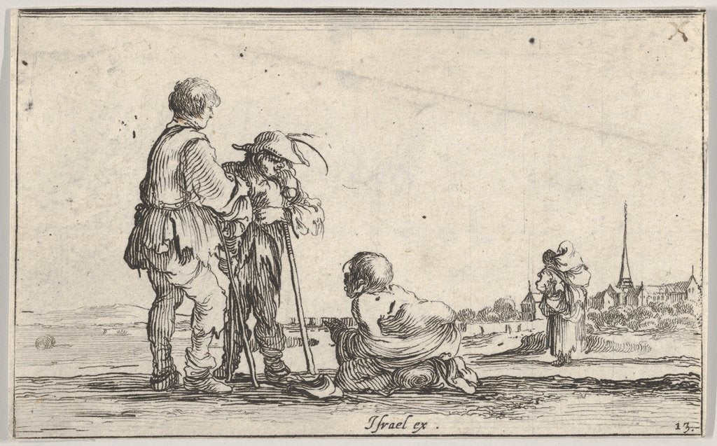 Detail of Plate 13: two peasants standing to left, a cripple kneeling on the ground in center, a…, ca. 1642 by Stefano della Bella