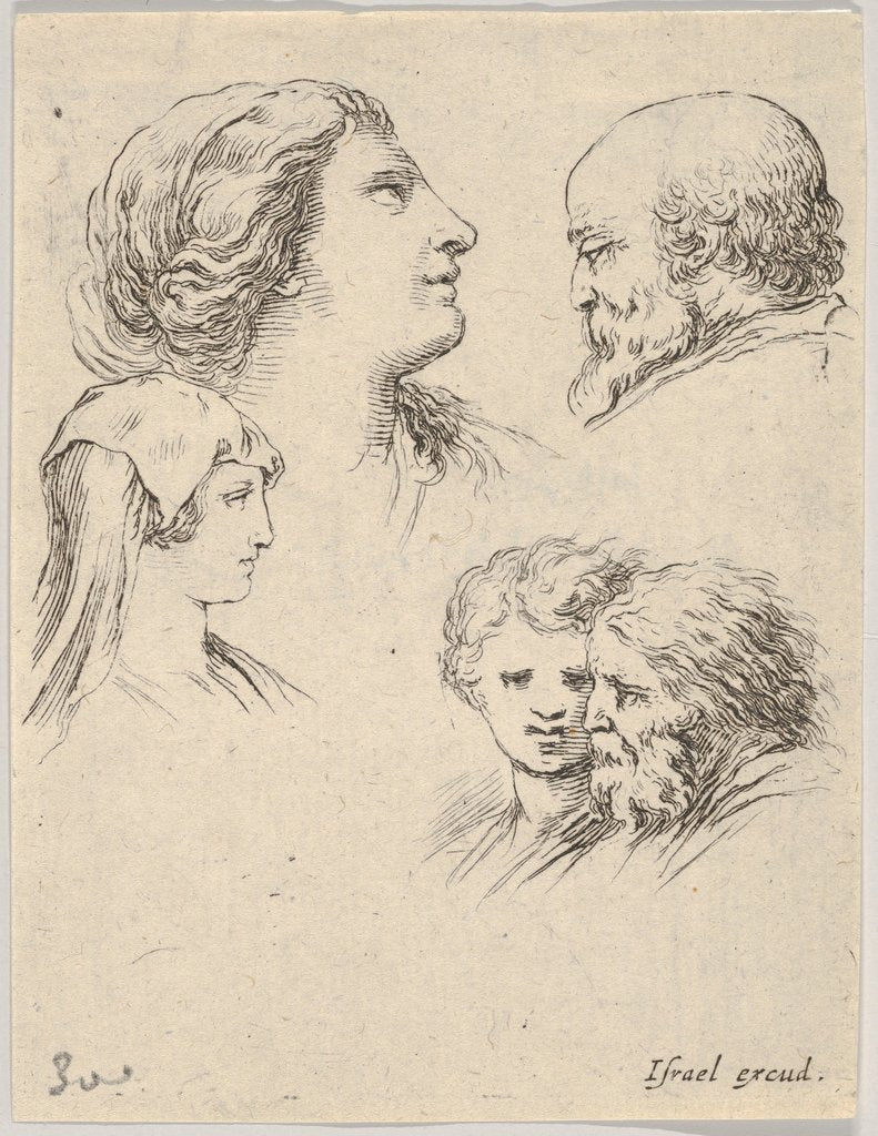 Detail of Plate 9: five heads, two young women at left, a bearded man at upper right, a young wo…, ca. 1649 by Stefano della Bella