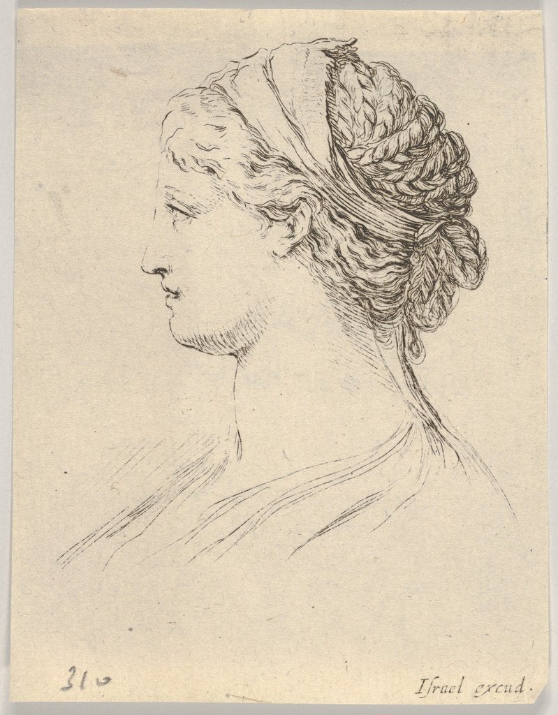 Detail of Plate 3: head of a woman with braided hair, turned in profile to the right, from 'Various …, 1650 by Stefano della Bella