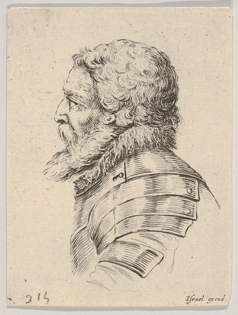 Detail of Plate 7: bust of a bearded soldier wearing armor, facing left in profile, from 'Various he…, 1650 by Stefano della Bella