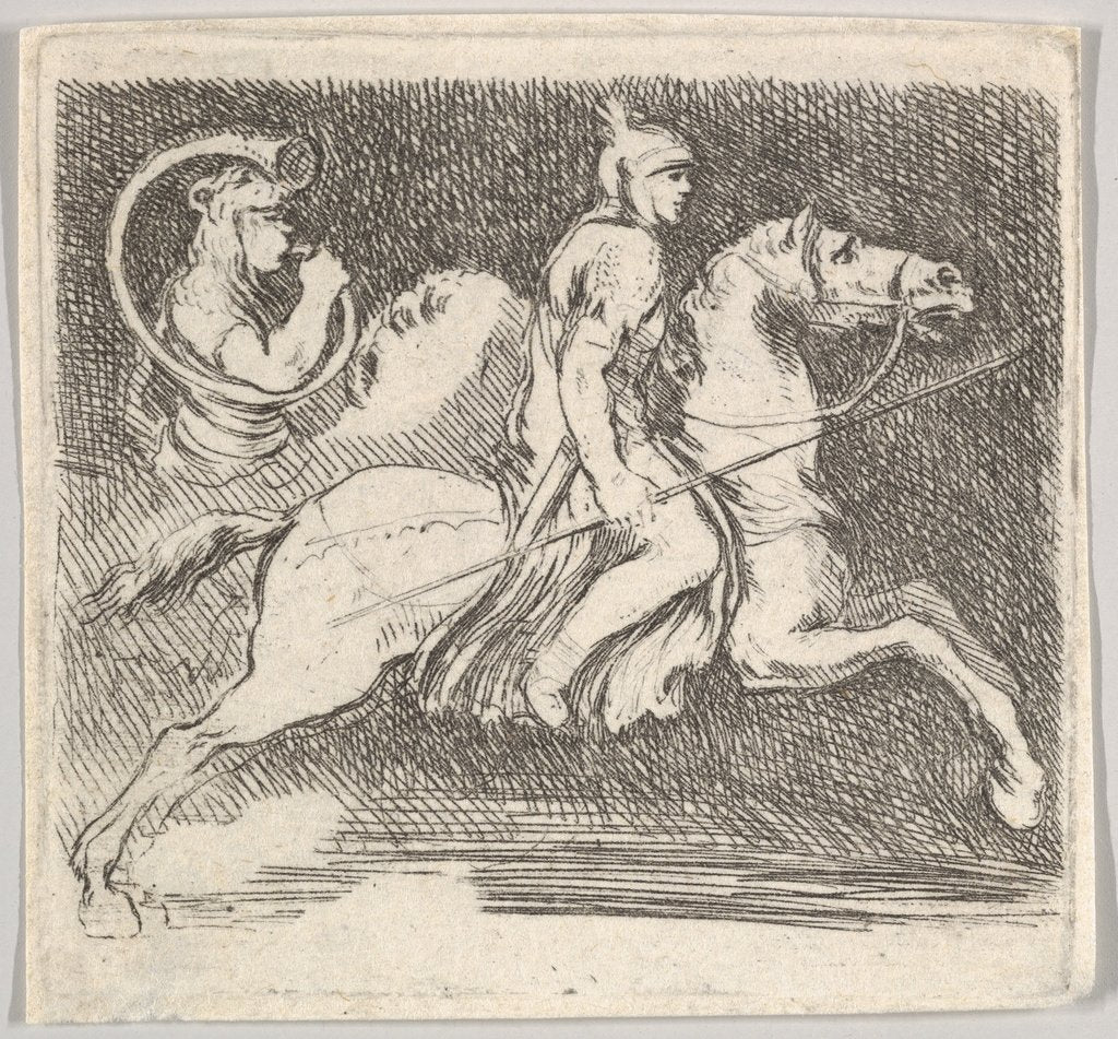 Detail of Plate 20: a soldier in profile galloping to the right holding a lance in his right han…, ca. 1646 by Stefano della Bella