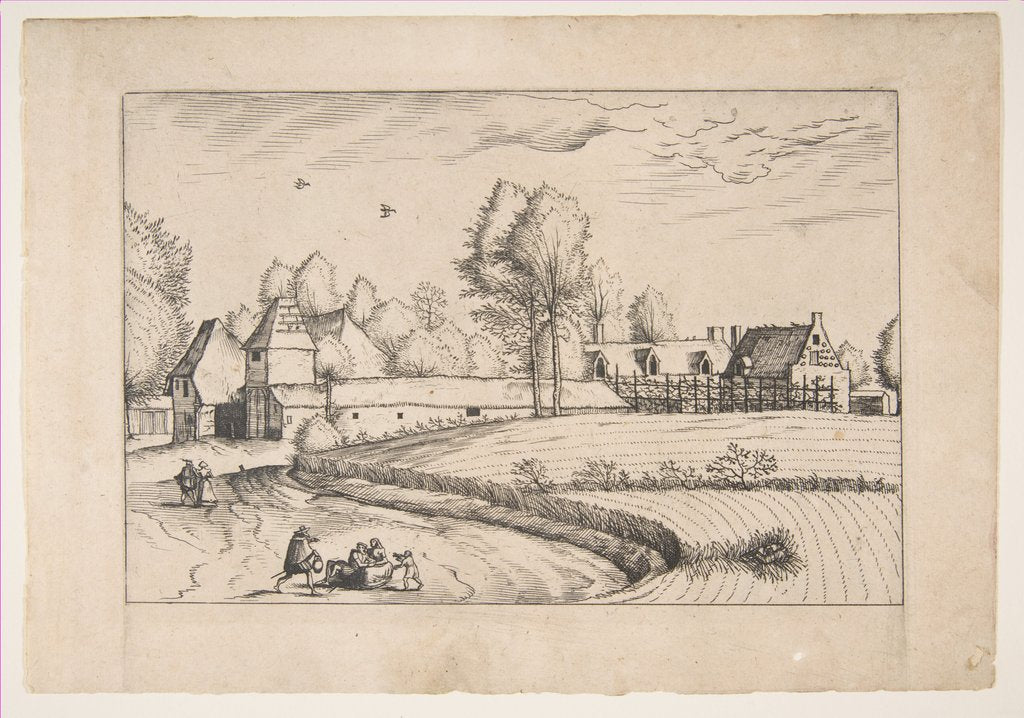 Detail of Country Houses, couple and cornfield in the foreground, from the series The Small Lands…, 1559-61 by The Master of the Small Landscapes (after)