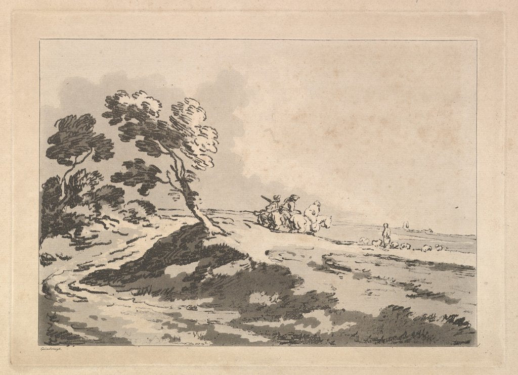 Open Landscape with Three Horsemen in the Middle Distance Heading to the Right, Windblo…, 1784-88 by Thomas Rowlandson