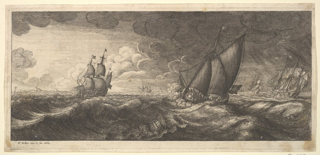 Detail of A yacht and three warships in a storm, 1665 by Wenceslaus Hollar