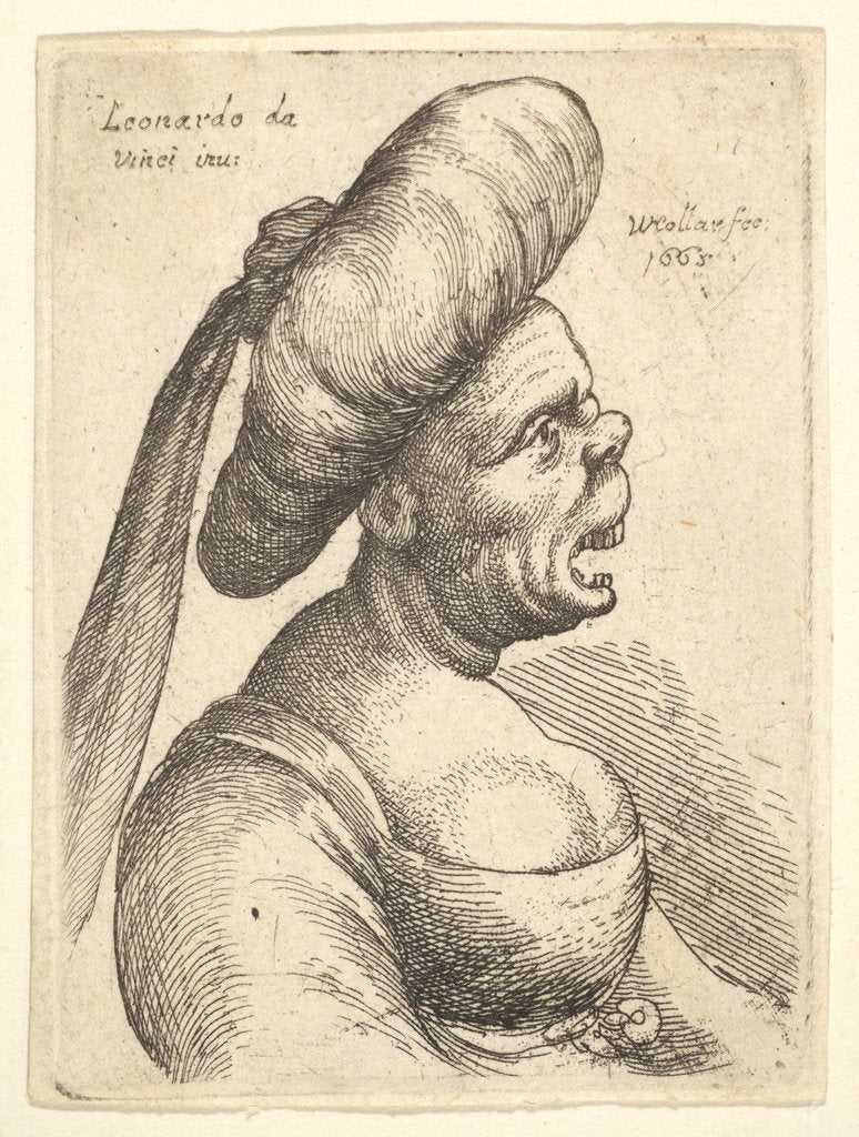 Detail of Bust of woman with wide open mouth and up-turned nose, wearing large flat turban with clot…, 1665 by Wenceslaus Hollar