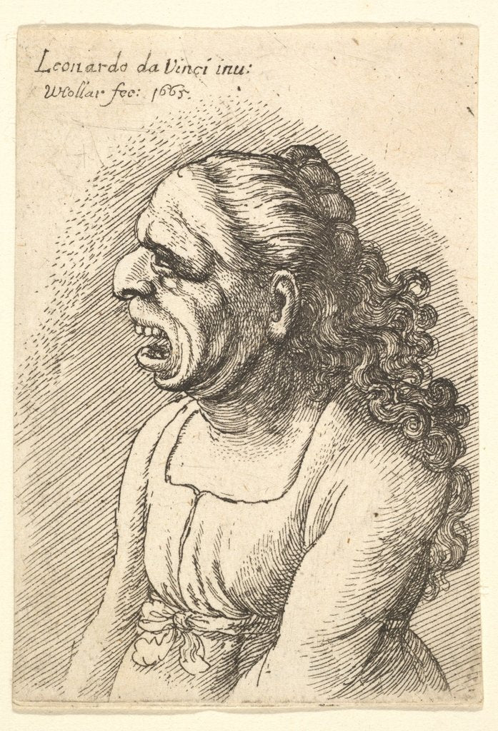 Detail of Bust of woman with wide-open mouth and long curly hair falling over her shoulders, wearing…, 1665 by Wenceslaus Hollar