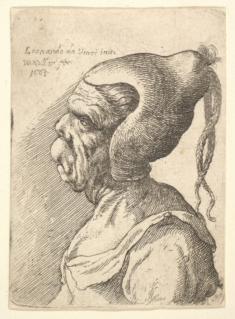 Detail of Bust of a deformed woman with conical hat and two dangling plaits in profile to left, 1665 by Wenceslaus Hollar