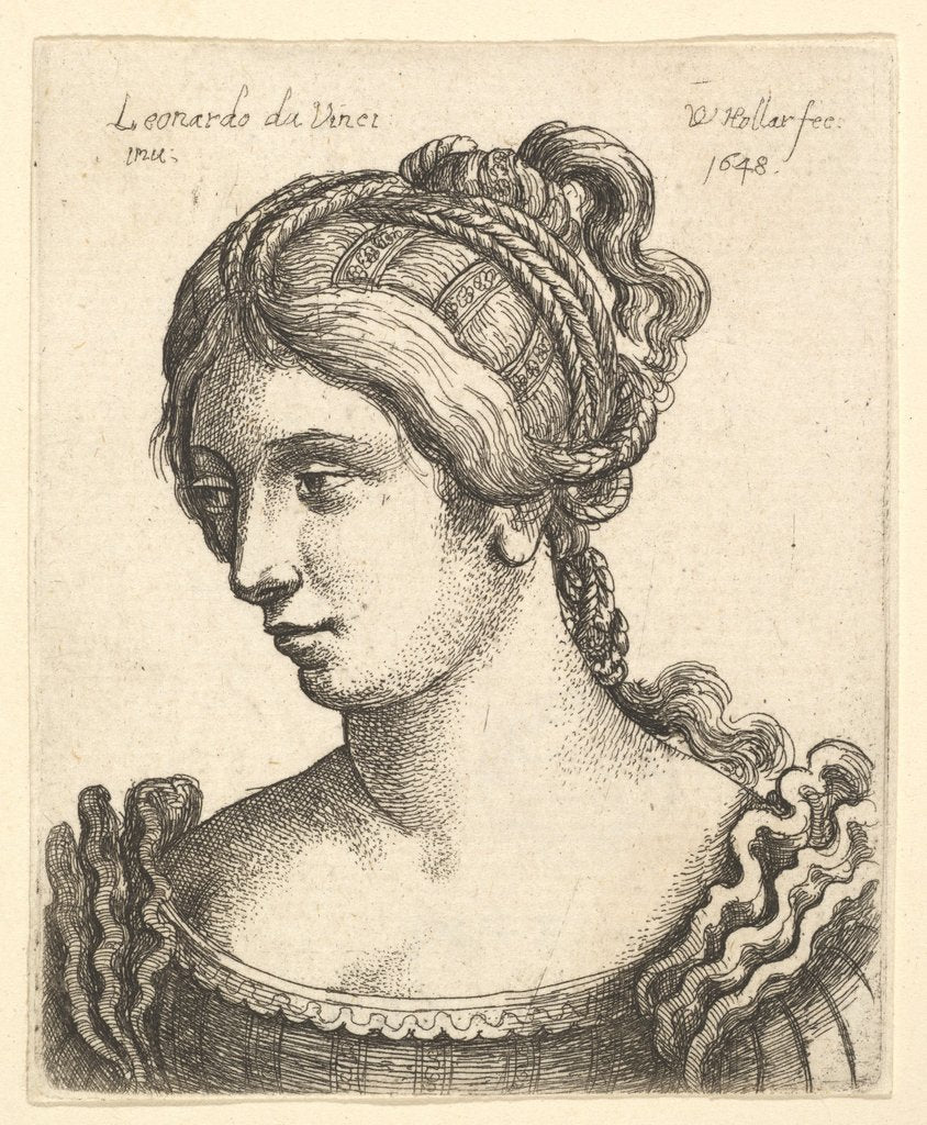 Detail of Bust of a woman looking downwards towards left with elaborately decorated hair, 1648 by Wenceslaus Hollar
