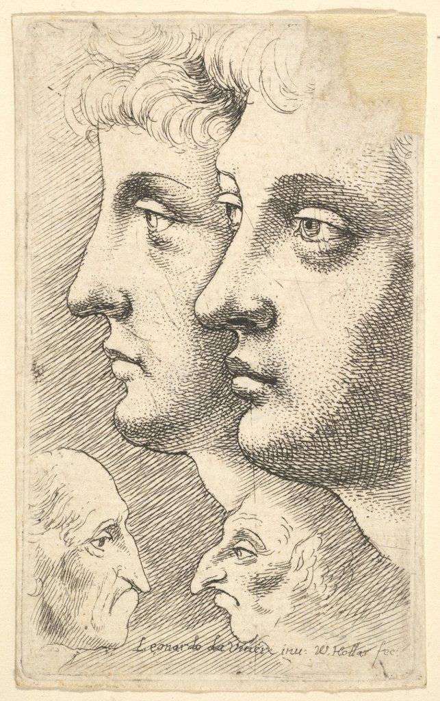 Detail of Two youths in profile to left with two grotesque heads facing each other below, 1625-77 by Wenceslaus Hollar