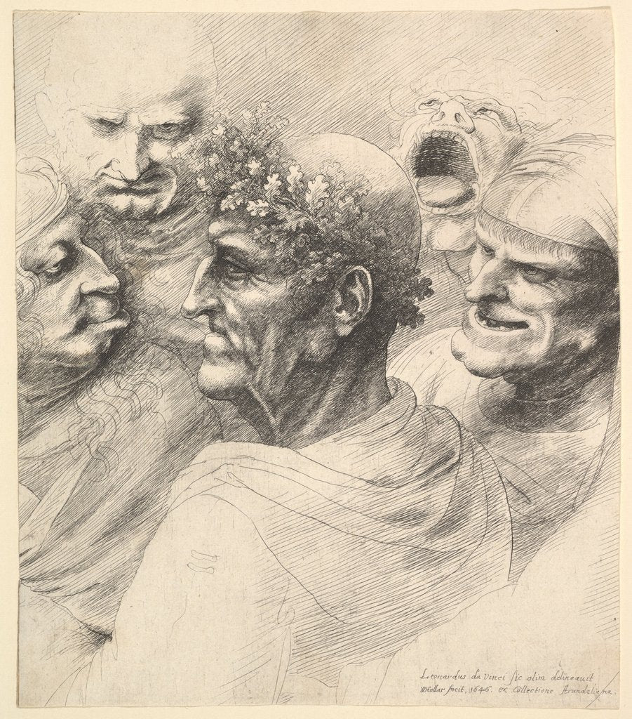 Detail of Five grotesque heads, including an elderly man with an oak leaf wreath, 1646 by Wenceslaus Hollar