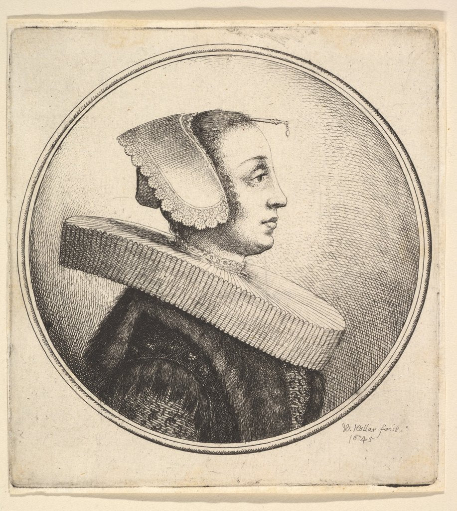 Detail of Woman with circular ruff, bonnet and hair-pin, in profile to right, 1645 by Wenceslaus Hollar