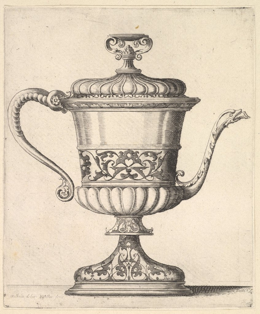 Detail of Jug with lid, engraved with arabesque pattern, the narrow spout to right ending in snak…, 1625-77 by Wenceslaus Hollar