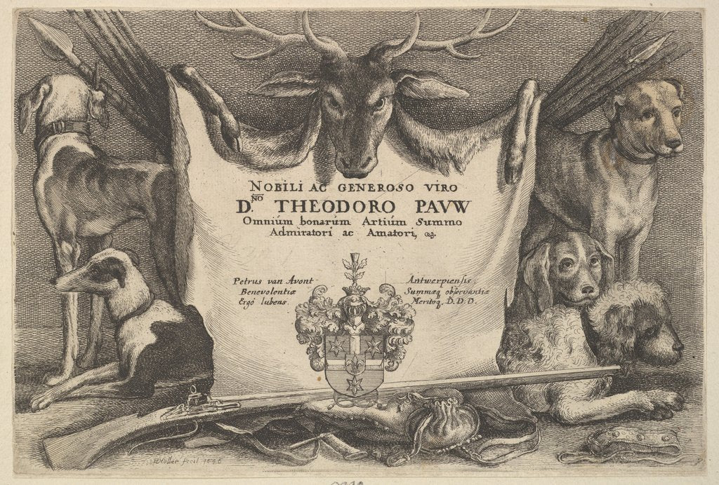 Detail of Titlepage with hounds and hunting equipment, 1646 by Wenceslaus Hollar