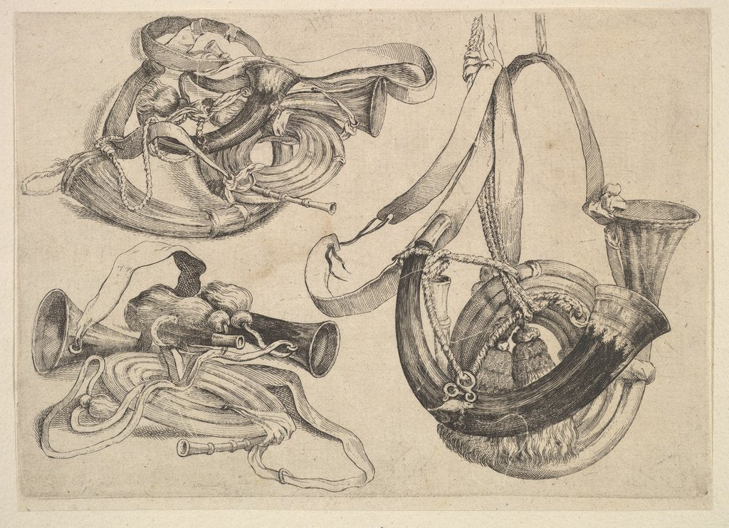 Detail of Seven hunting horns in three groupings, 1625-77 by Wenceslaus Hollar