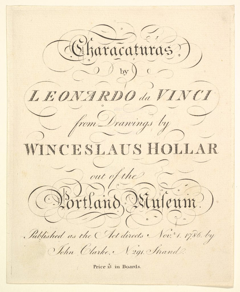 Detail of Title Page: Characaturas by Leonardo da Vinci, from Drawings by Wincelslaus Hollar, out of…, 1786 by Unknown