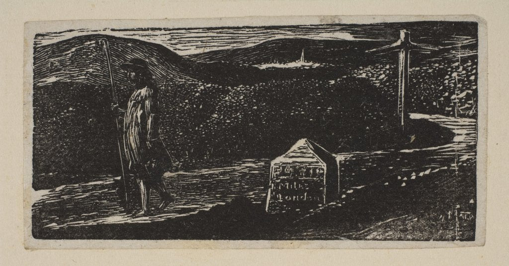 Detail of Colinet's Journey, Milestone Marked 'LXII Miles to London', from Thornton's Pastorals of V…, 1821 by William Blake