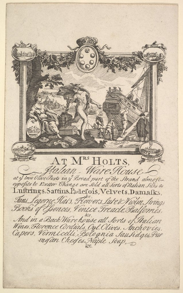 Detail of Shop Card for Mrs. Holt's Italian Warehouse, 1720-72 by William Hogarth