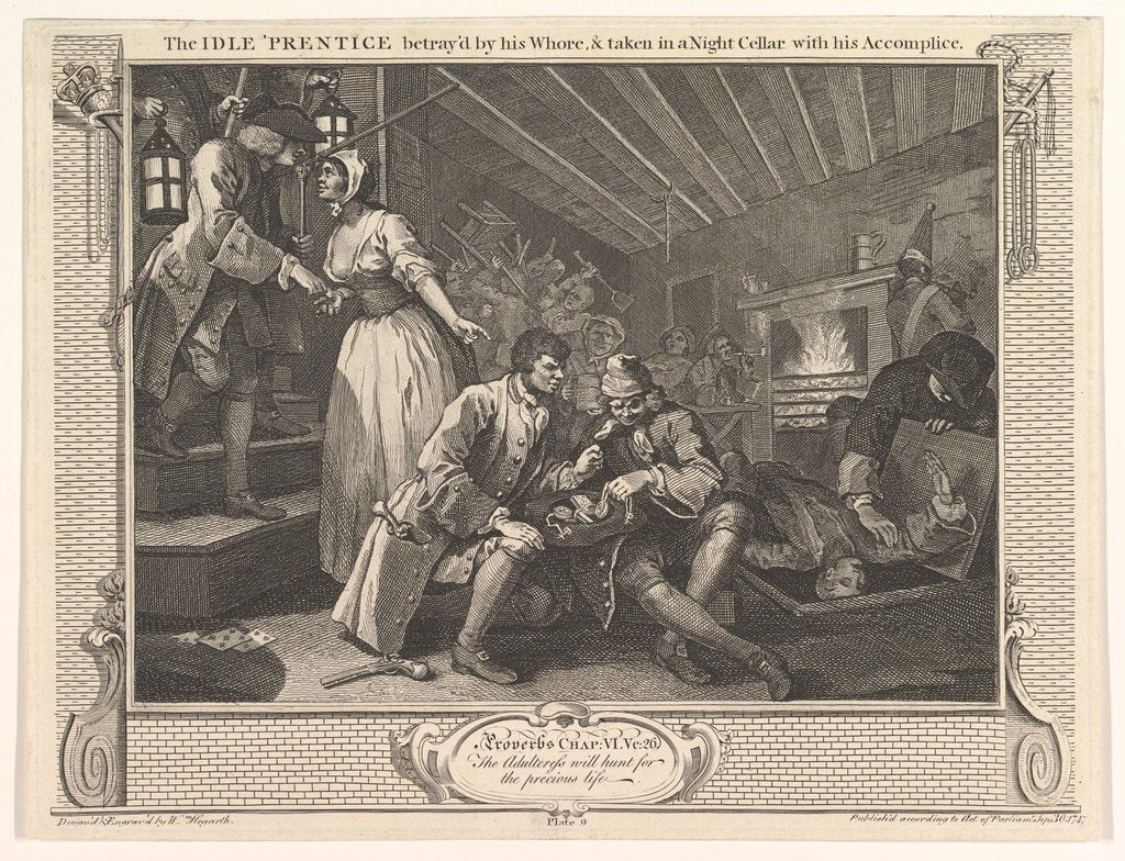 Detail of The Idle 'Prentice Betrayed by his Whore and Taken in a Night Cellar with hi…, September 30, 1747 by William Hogarth