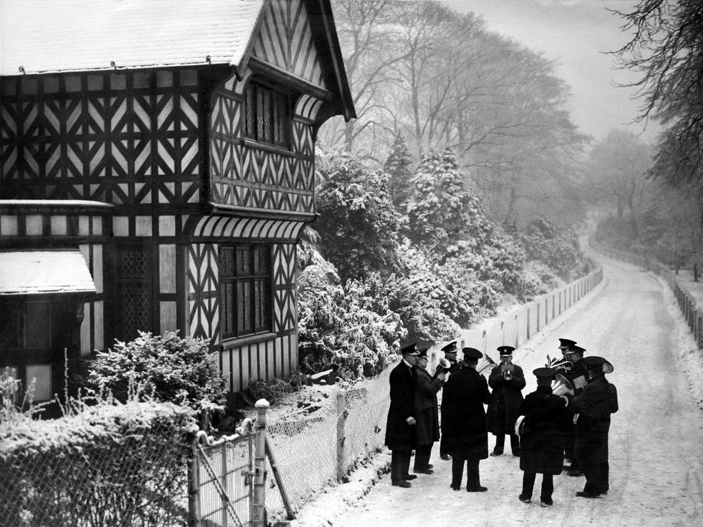 Detail of Salvation Army band in the snow by Associated Newspapers