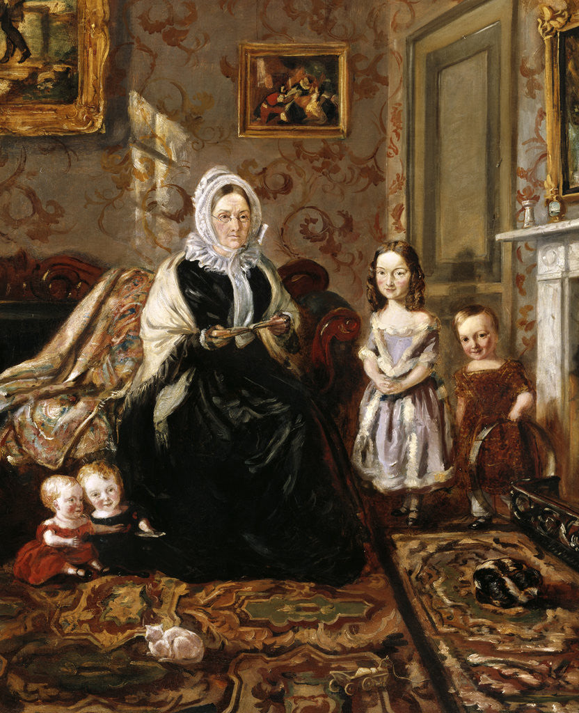 Detail of Group portrait of Henry Clark's mother-in-law, Mrs Davies, and four of his children in the drawing room of his home, 186 High Street, Homerton by William Holman Hunt