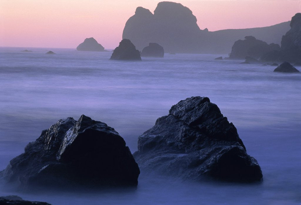 Detail of USA, California, Redwood National Park, Rocky shore with surf, dusk by Anonymous