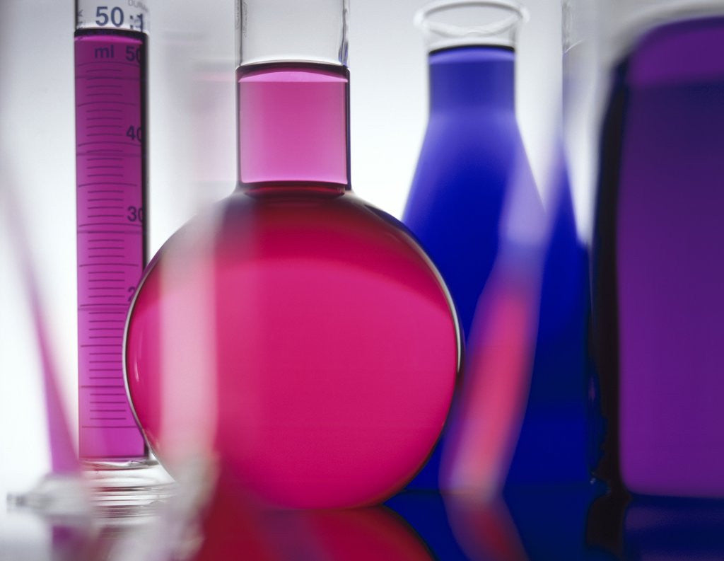 Detail of Beakers filled with liquid by Anonymous