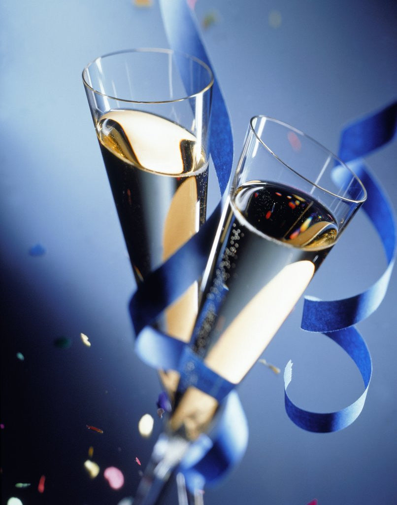 Detail of Two champagne glasses and ribbons by Anonymous