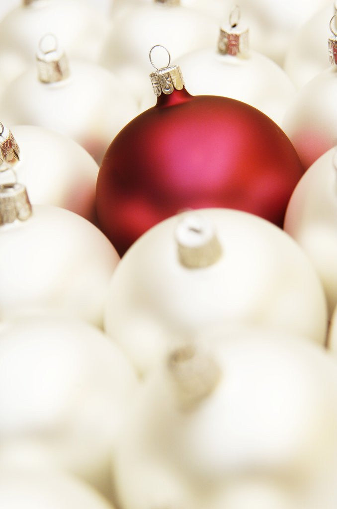 Detail of White Christmas tree decorations and a red one by Anonymous