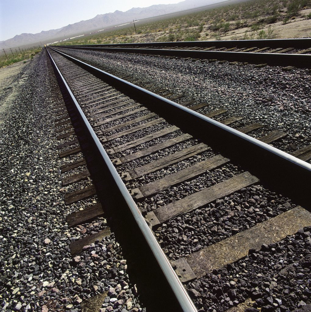 Detail of Railroad tracks running through desert setting by Corbis